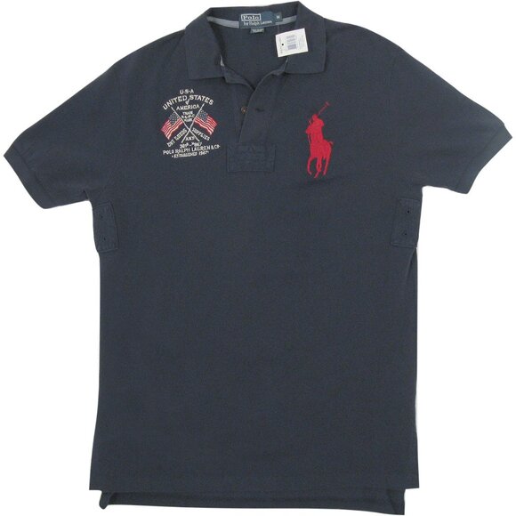 NEW $125 Vintage Polo Ralph Lauren Big Pony Polo Shirt Navy USA Flag Classic Fit